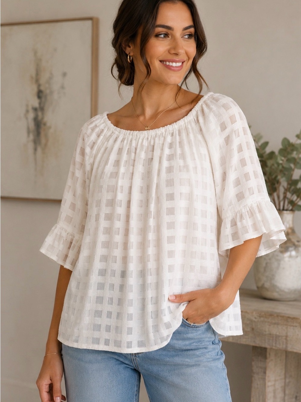 John Mark Cream Textured Peasant Blouse